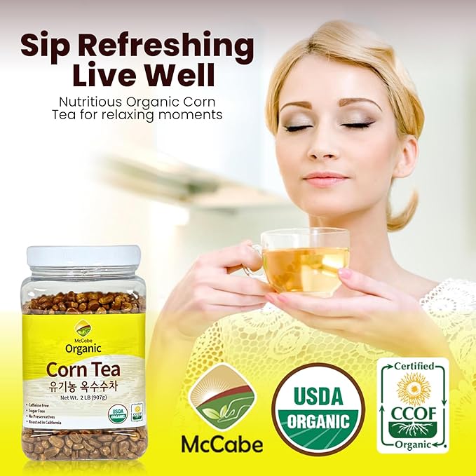 McCabe Organic Corn Tea - Roasted Corn Tea | USDA and CCOF Certified | Non-GMO Whole White Corn | Roasted and Packed in USA | 2 lbs (32 Oz)