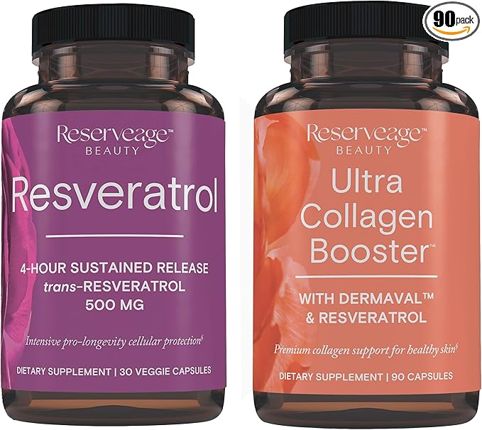 Reserveage Beauty Resveratrol 500 mg Antioxidant Supplement for Heart and Cellular Health 30 Caps &amp Ultra Collagen Booster Skin Supplement Supports Healthy Collagen Production 90 Caps
