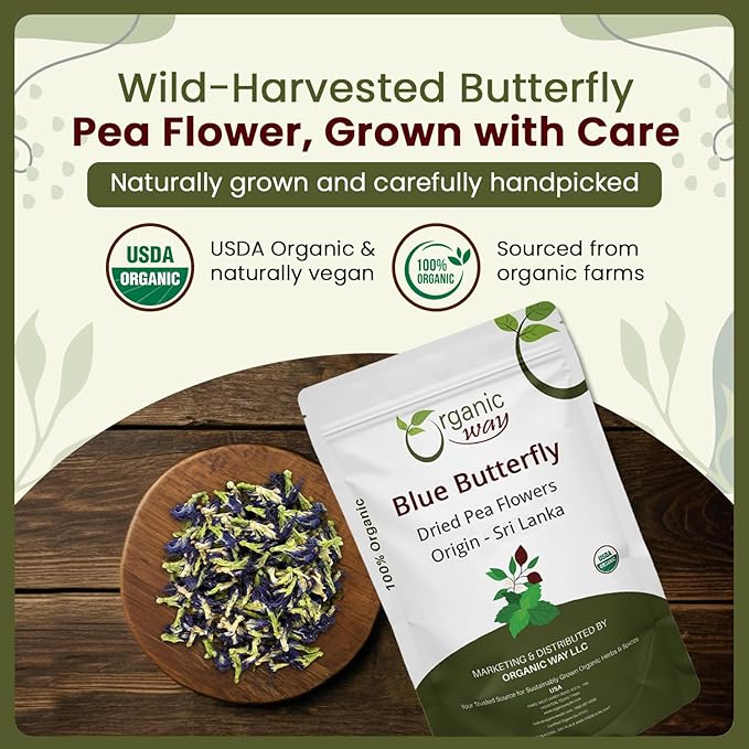 Organic Way Dried Blue Butterfly Pea Flowers (Whole) Herbal Tea | Organic Vegan Non GMO &amp Gluten Free | USDA Certified | 100% Raw from Sri Lanka 16 Oz (Pack of 1)