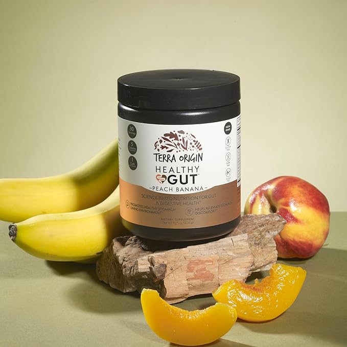 TERRA ORIGIN Healthy Gut Peach Banana | 30-Servings with L-Glutamine Zinc Glucosamine Slippery Elm Bark Marshmallow Root and More!