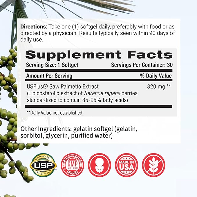 Flomentum® Saw Palmetto for Men Prostate Supplement | Prostate Support Supplement for Men's Health | USP Verified - Healthy Urinary Flow &amp Urinary Function - 320mg Once Daily (90 Count)