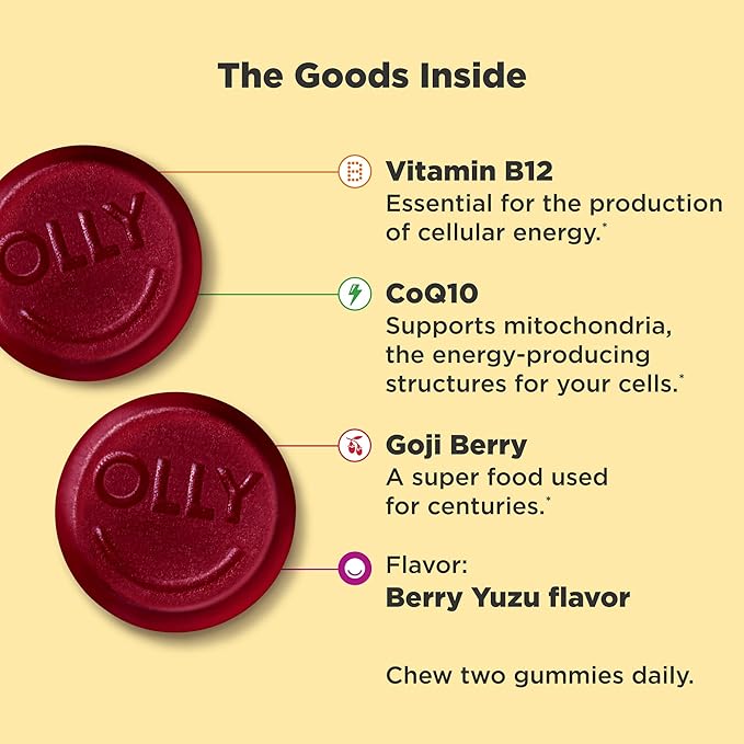 OLLY Muscle Recovery Sleep Gummies Sleep and Sore Muscle Support 3mg Melatonin &amp Extra Strength Daily Energy Gummy Caffeine Free 1000mcg Vitamin B12 CoQ10 Goji Berry