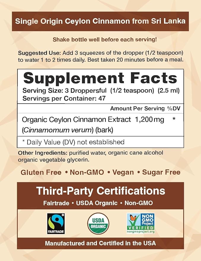 Ceylon Cinnamon Shop CinnaGold™ Organic Ceylon Cinnamon (100% Certified) Supplement High-Potency Liquid Extract 4 oz. – Super Antioxidant