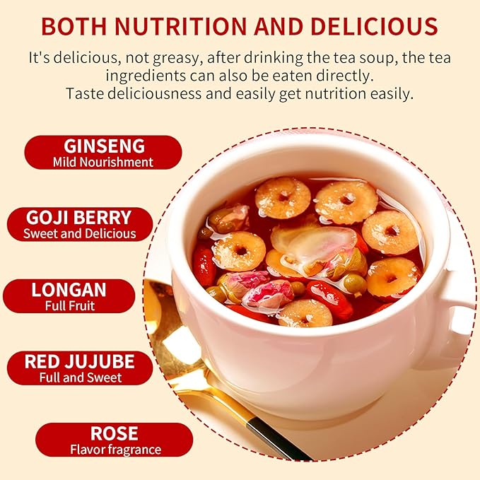 Hee Creek Ginseng Longan Red Date Tea 10.58oz / 20 Count Wolfberry Jujube Rose Herbal Blends Women Energy Tea for Cold Hands and Feet Period Care Warming Nourishing Caffeine Free 人参桂圆红枣茶 女人茶 女神茶