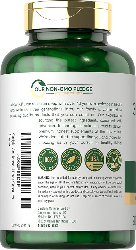 Carlyle Goldenseal Root Capsules | 200 Count | Traditional Herb Supplement | Non-GMO Gluten Free