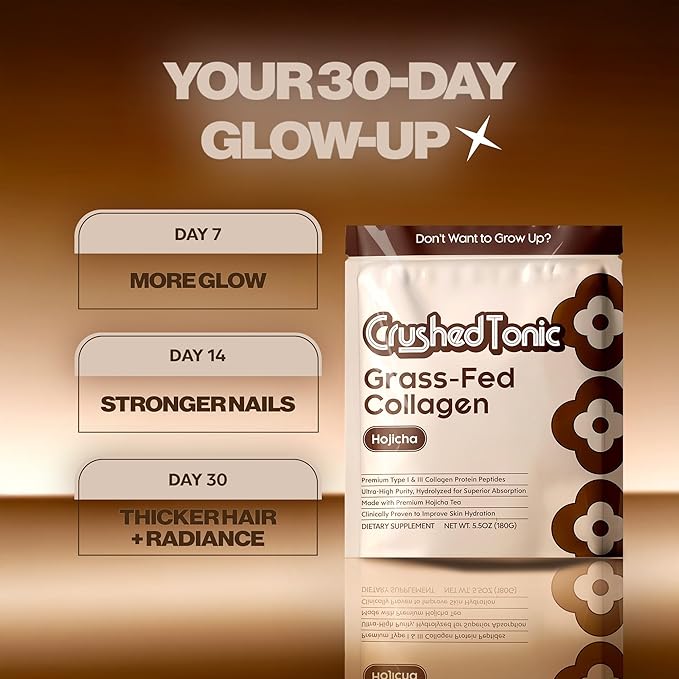 Crushed Tonic Bovine Collagen Powder Korean Beauty Drink with Hydrolyzed Collagen Peptides for Skin Hair &amp Nails | Gluten-Free Halal &amp Kosher (Hojicha 30 Servings (150 g) Pouch)