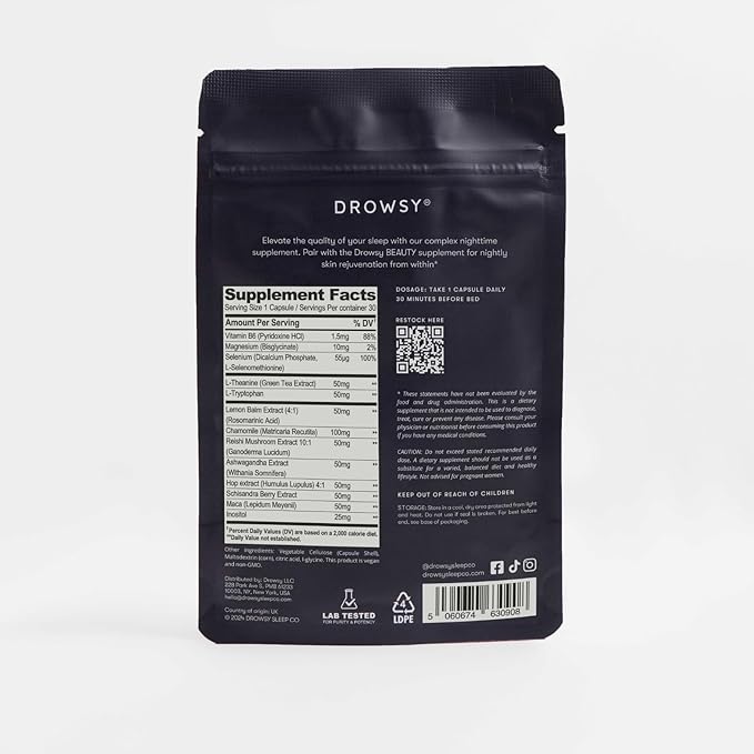 Drowsy Sleep - Nighttime Sleep &amp Skin Supplement with Magnesium L-Tryptophan L-Theanine &amp Hyaluronic Acid - Supports Restful Nights &amp Glowing Skin - Non-Habit Forming
