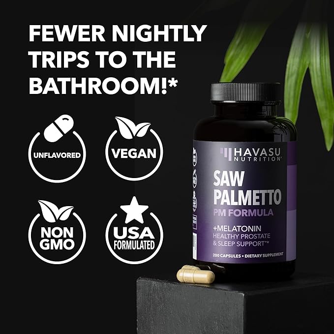 Saw Palmetto PM for Men with Melatonin 3mg - Night Time Prostate Health Supplement for Bladder and Sleep Support - Reduce Urinary Frequency - 200 Count - Vegan Non-GMO Capsules - Over 6 Month Supply