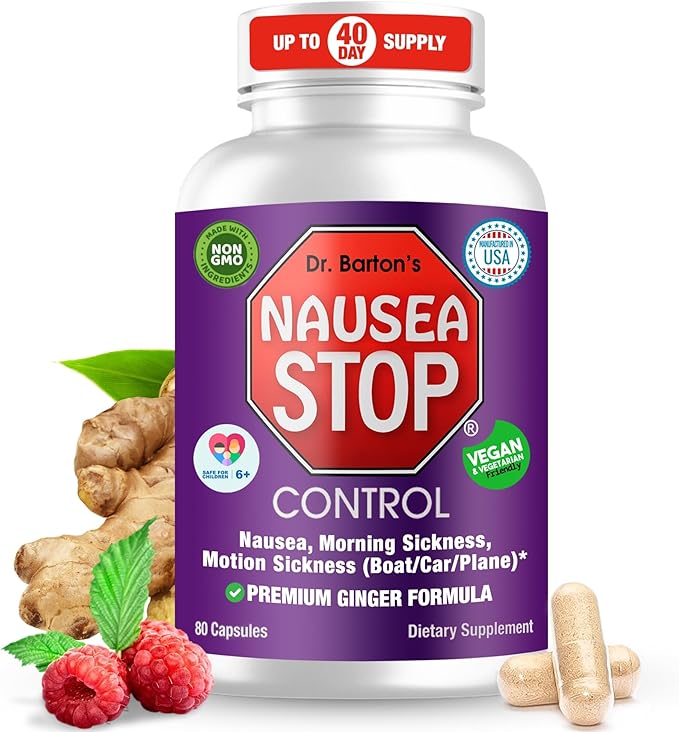 Dr. Barton’s Nausea Stop - Natural Ginger Non-Drowsy Nausea Relief Pills for Adults &amp Kids Anti Nausea Upset Stomach Morning Sickness &amp Pregnancy Nausea - Travel Essentials - 80 Capsules (