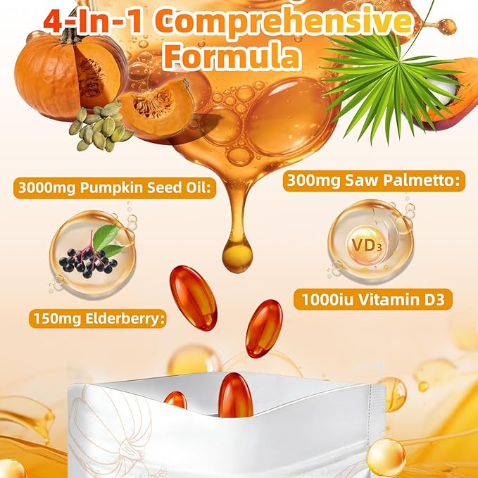 4-in-1 Pumpkin Seed Oil 3000mg with Saw Palmetto &amp Vitamin D3 – Cold Pressed Softgels for Hair Prostate &amp Bladder Wellness – Non-GMO 300 Capsules (100-Day Supply)