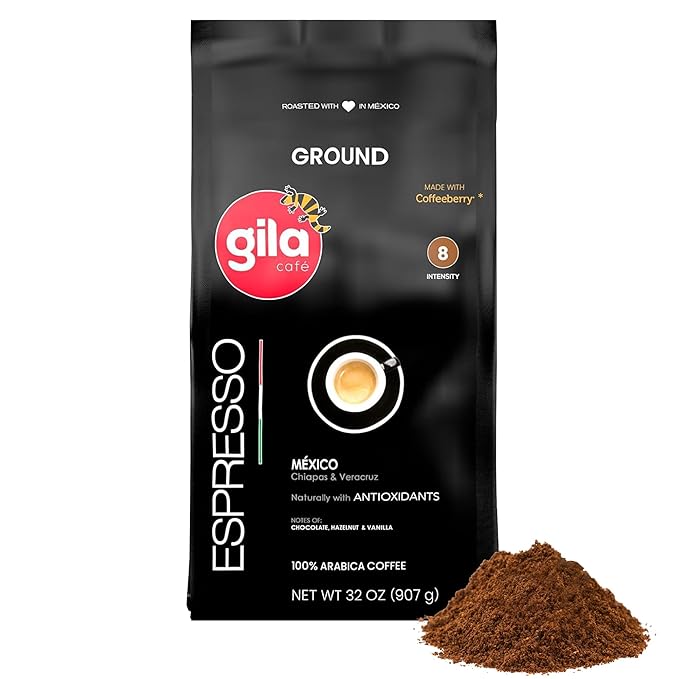 gila café Ground Coffee Medium Roast Espresso 32oz (1-Pack) - 100% Mexican Arabica Bean Coffee Grounds - Made with Coffeeberry - Chocolate Hazelnut Vanilla Notes