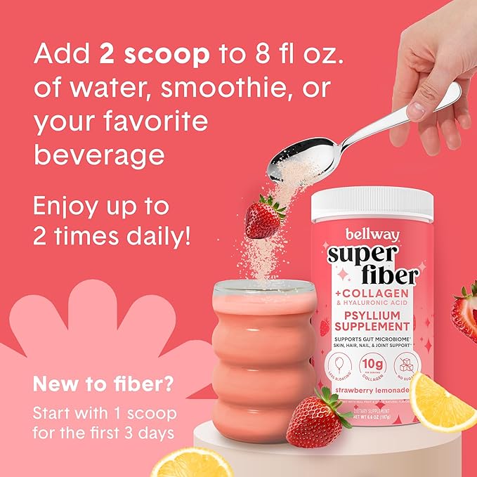 Bellway Super Fiber Powder + Collagen Sugar-Free Psyllium Husk Powder with Collagen Peptides and Hyaluronic Acid for Gut Health Healthy Skin Nails Bones &amp Joints Strawberry Lemonade (11 Servi