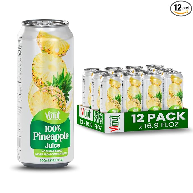 Vinut 100% Pure Pineapple Juice – Refreshing Tropical Fruit Juice Not From Concentrate All-Natural No Added Sugar 16.9 fl oz 12 Pack