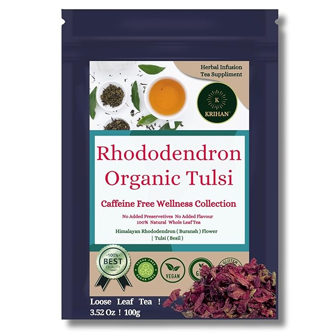 KRIHAN Organic Rhododendron Herbal Tea - 50+ Count Loose Leaf Herbal Blend with Tulsi Buransh Flower Antioxidant-Rich Caffeine Free Wellness Collection | 3.52 Oz (100g)