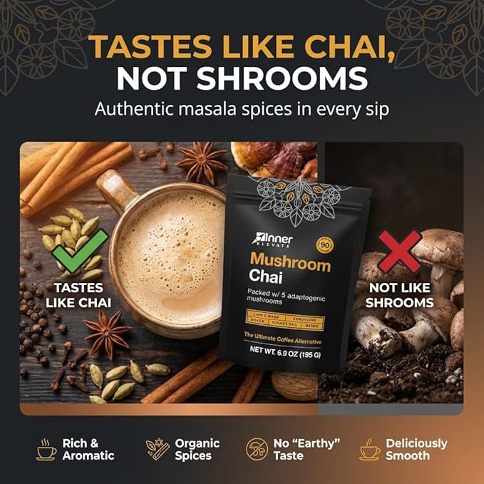 Inner Elevate Mushroom Chai - Ultimate Coffee Alternative - Adaptogenic Mushroom Tea Drink with Lion's Mane Cordyceps Chaga Reishi Turkey Tail (90 Servings)