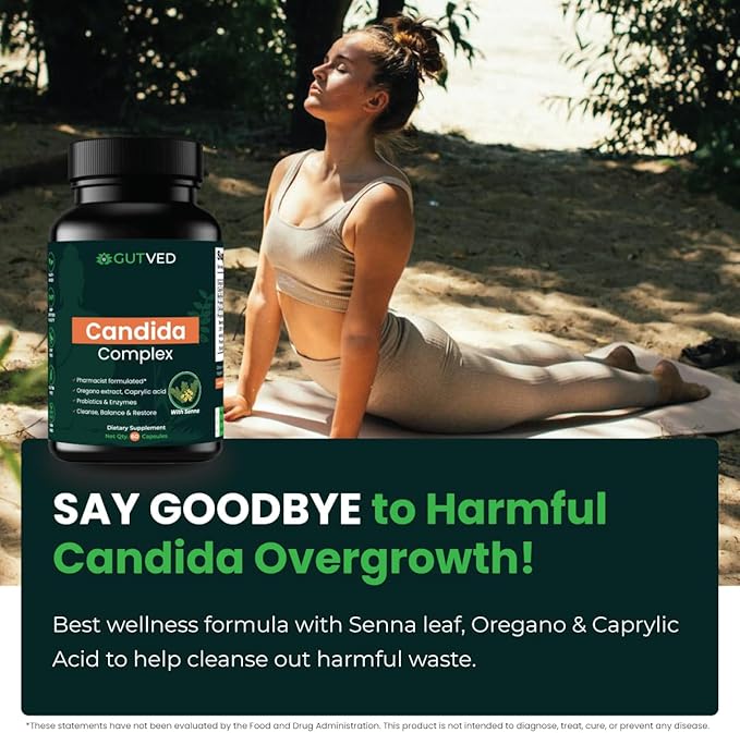 Candida Complex with Caprylic Acid for Men &amp Women – Anti Overgrowth Balance and Restore Supplement for Yeast Healthy Gut Flora &amp Skin with 30B/g Probiotic Oregano Senna - 1 Month Supply