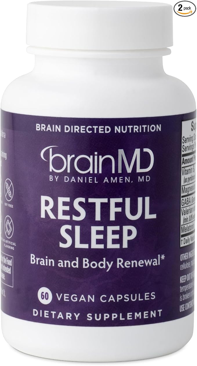 BRAINMD Dr Amen Restful Sleep - 60 Vegan Capsules Pack of 2 - With Melatonin Valerian Extract GABA &amp Magnesium - Non-Habit Forming - 60 Total Servings