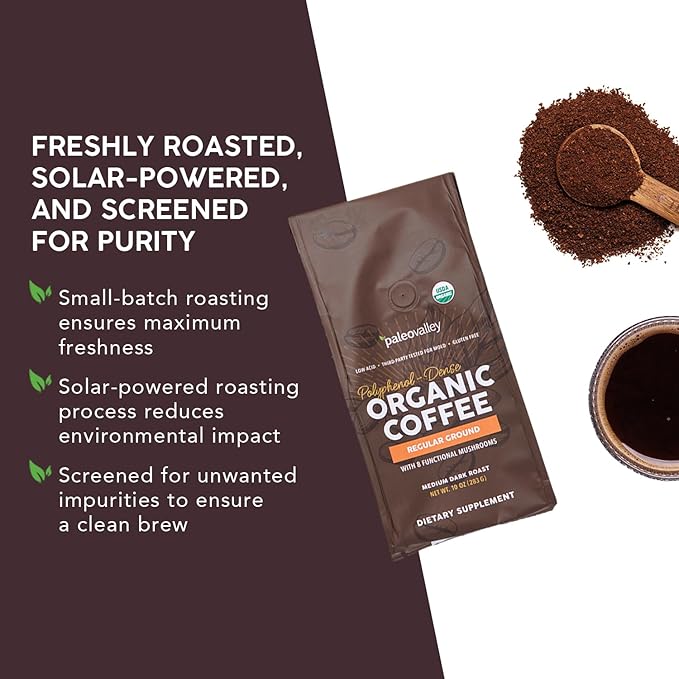Paleovalley Organic Ground Coffee 10oz - Regular Low Acid Single-Origin Polyphenol-Rich Infused with Mushrooms