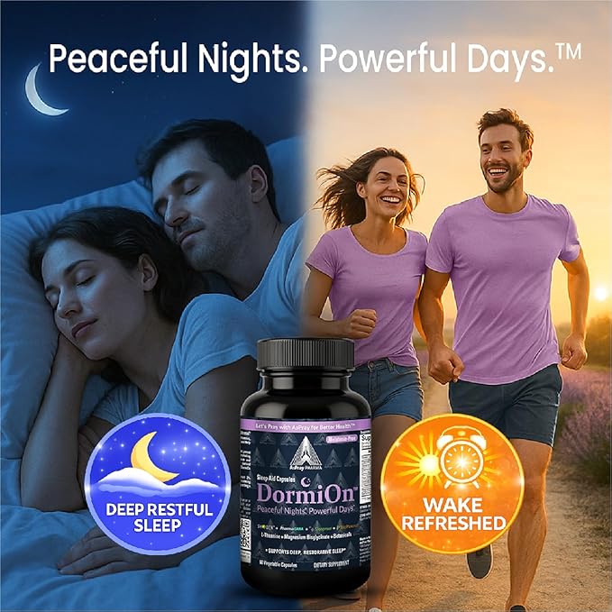 DormiOn™ Sleep + Restore + Stress Supplement Herbal Sleep Aid for Women &amp Men. No-Melatonin Non-Habit Forming. Clinically-Proven Ashwagandha GABA Valerian &amp Magnesium. Vegan &amp Non-Grog