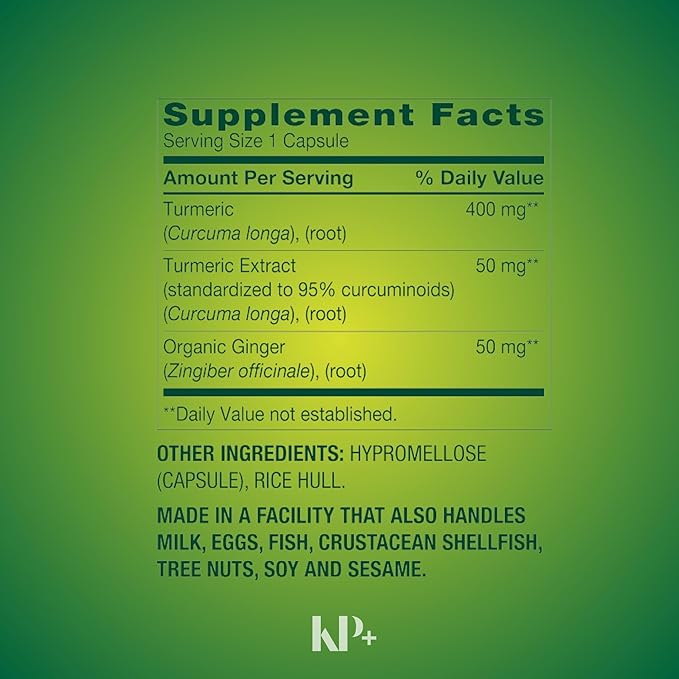 KP+ Turmeric Curcumin with Ginger Powder 500 mg | 250 Veg Capsules | Pack of 1