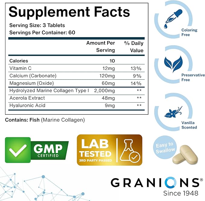 Granions Marine Collagen Pills – 2000mg Hydrolyzed Marine Collagen Peptides Hyaluronic Acid Vitamin C Calcium Magnesium – Skin Hair Nails Pro Aging Hyaluronic Acid Supplements – 180 Tablets