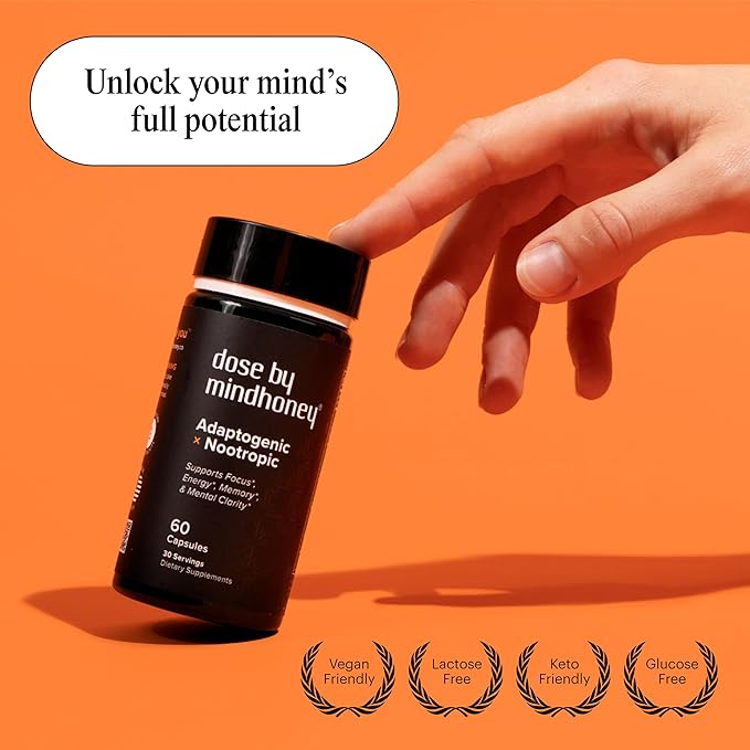 MINDHONEY | DOSE 60 Count Premium All-in-One Nootropic Brain Supplement | Focus Mood Energy &amp Memory | Functional Mushrooms &amp Adaptogens - Lion’s Mane Ashwagandha L-Theanine Bacopa &am