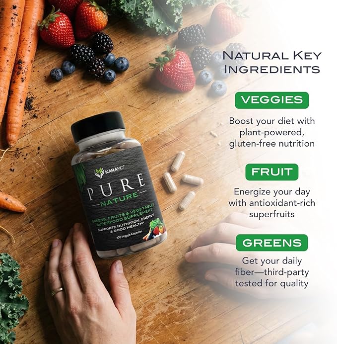 KaraMD Pure Nature | Greens Fruit and Veggies Supplement | Vitamins Fiber &amp Antioxidants | 20 Fruits and Vegetables Supplements for Energy &amp Digestion | Gluten Free &amp Vegan Friendly (3 P