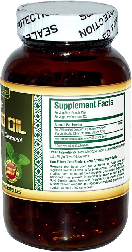 Wild Oregano Oil Capsules - 120 Liquid Veggie Softgels - Pure Standardized Wild Oregano Leaf Extract offers 70% Carvacrol (32 mg) for Immune System Health - Non GMO Vegan Gluten Free