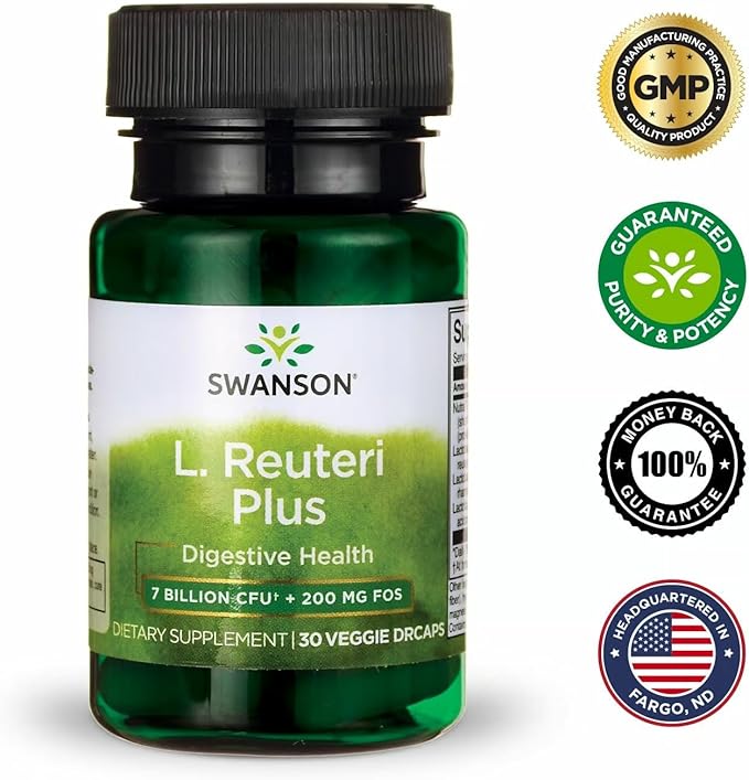 Swanson L. Reuteri Probiotic Plus with L. Rhamnosus L. Acidophilus &amp FOS Prebiotic for Gut-Health-Conscious Adults - 7 Billion CFU (30 Vegan Capsules 2 Pack)