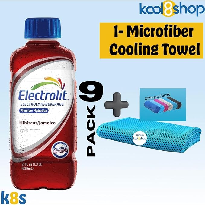 Electrolit Hibiscus-Jamaica Hydration Drink with Electrolytes 21 fl oz Plastic Bottles 9 Pack + 1 Microfiber Cooling Towel by KOOL8SHOP Infinite Deals