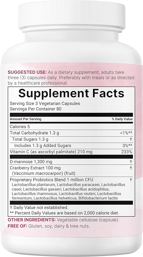 Pure D Mannose 1300mg with Cranberry &amp Probiotics 240 Veggie Capsules | Urinary Tract Health for Women | Plus 1 Million CFU Probiotics Blend &amp High Absorption Vitamin C | Filler Free Non-GM