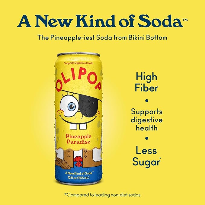 OLIPOP Prebiotic Soda Pop SpongeBob Pineapple Paradise Pantry Pack Packed with Prebiotics Fiber and Botanicals Gluten Free GMO Free 12oz Skinny Can (12-Cans)