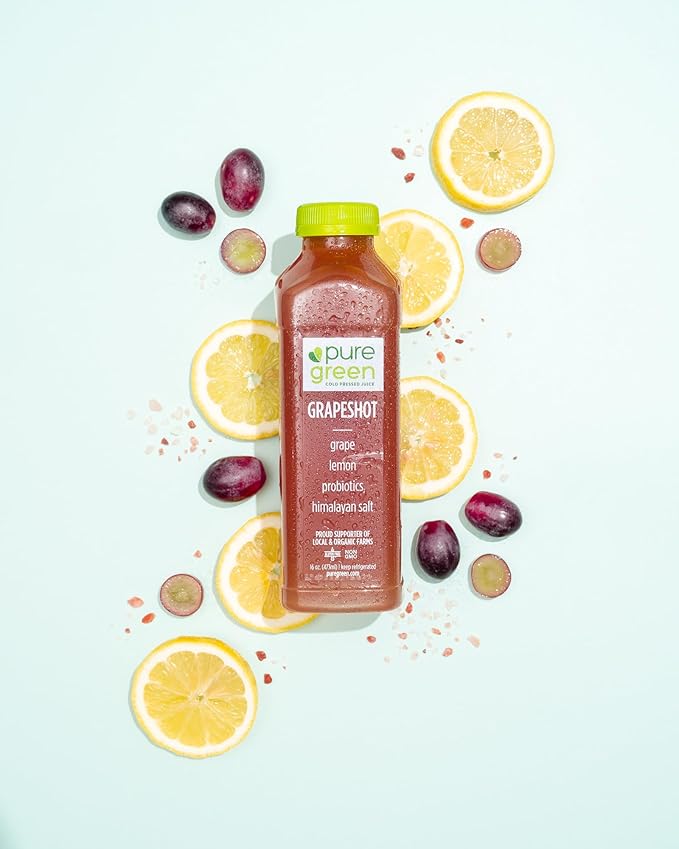 Pure Green Cold Pressed Juice - Grapeshot - Fresh Functional Blend with Grape Lemon Pink Himalayan Salt - Natural Gluten Free Non-GMO No Artificial Colors or Flavors - Made from Real Fruits &amp