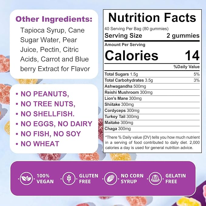 Organic &amp Functional Mushroom Gummies Supplement ASHWAGANDHAREISHITurkey Tail MAITAKE SHATAKE Chaga CORDYCEPS BOOSTS CognitivePerformance Gluten FreeVegan Low CARBGUMMIES80