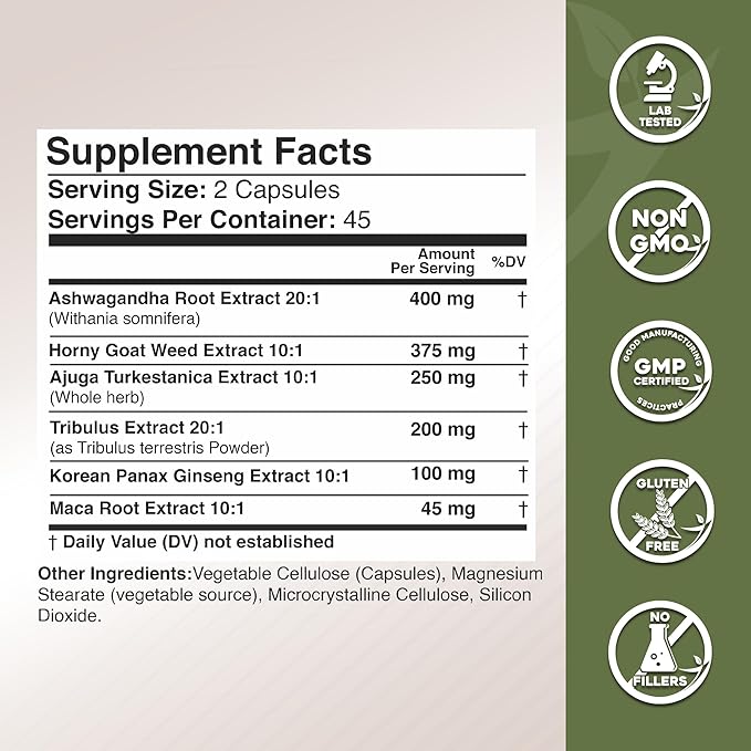 Gade Nutrition Ashwagandha with Maca Root Horny Goat Weed Turkesterone Supplement Tribulus Terrestris Panax Ginseng Pack of 2