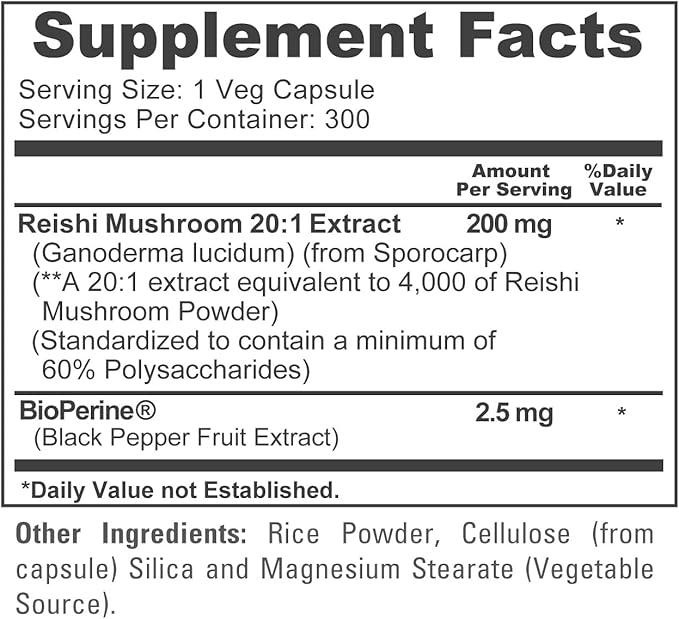 NusaPure Reishi Mushroom Extract 20:1 Extract 200 mg Equivalent to 4000mg per Capsule 300 Veggie Caps Vegan Non-GMO Vegan