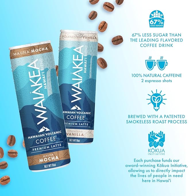 Waiakea Hawaiian Volcanic Coffee | Mauna Mocha Ready to Drink Canned Coffee 11oz | Pack of 12