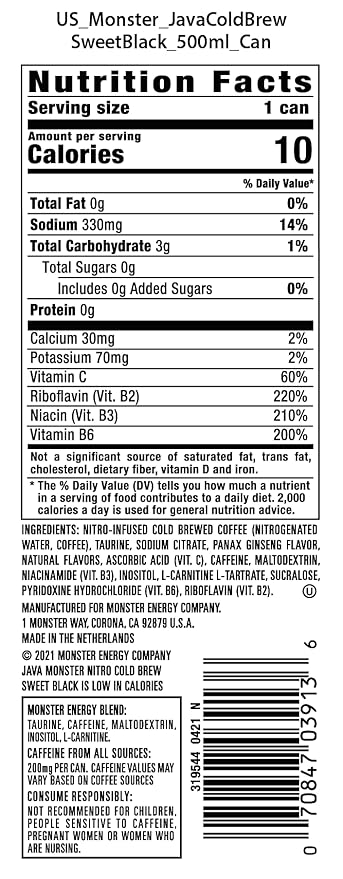 Monster Energy Java Nitro Cold Brew Sweet Black Coffee + Energy Drink 13.5 Ounce Liquid (pack of 12)