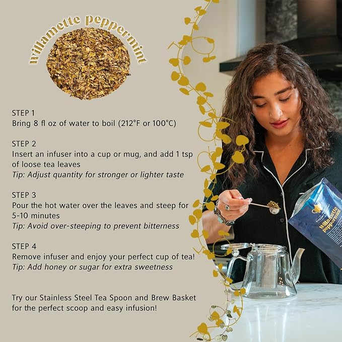 Willamette Peppermint Tea Organic Loose Leaf Mint Herbal Tea – Soothing Caffeine-Free – Refreshing Hot or Iced – 4 oz Resealable Bag (Makes 50 Cups) – The Elegant Elephant