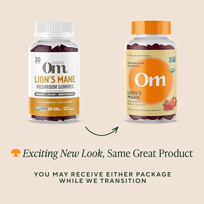 OM MUSHROOM SUPERFOOD Lion’s Mane Mushroom Gummies – USA Grown Organic Lion’s Mane – Supports Memory Focus &amp Cognitive Health – Strawberry Flavor – 30 Servings 60 Count.