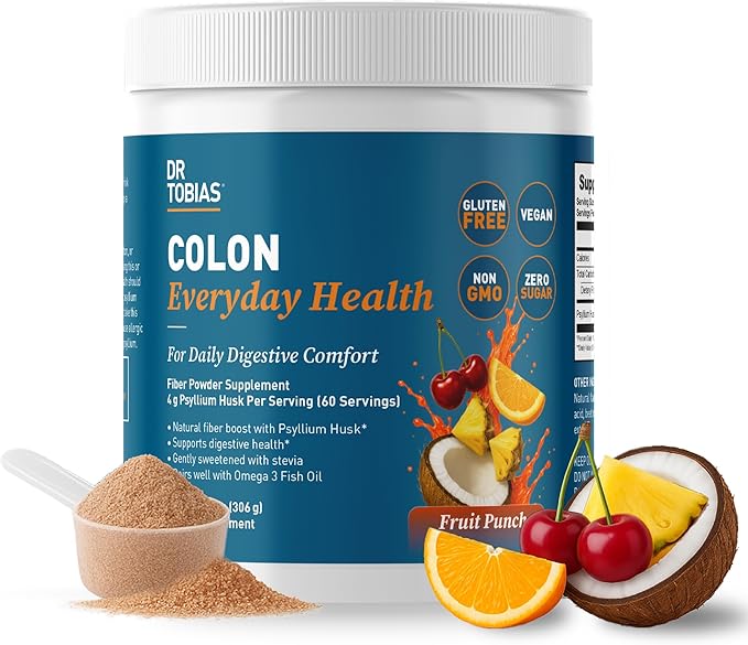 Dr. Tobias Colon Everyday Health - Gut Health for Women &amp Men - Psyllium Fiber Powder Drink with 4g Psyllium Husk Powder per Serving Vegan Gluten Free Non-GMO Fruit Punch 60 Servings