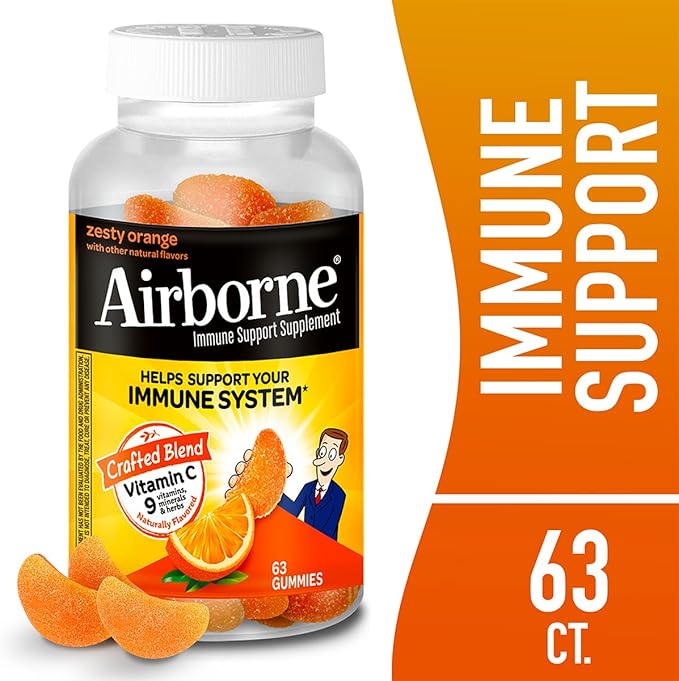 Airborne 750mg Vitamin C Immune Support Supplement Gummies for Adults Zesty Orange Flavor Gluten Free Crafted Blend with Powerful Antioxidants Vitamins A C &amp E 63 Gummies (3 Pack)