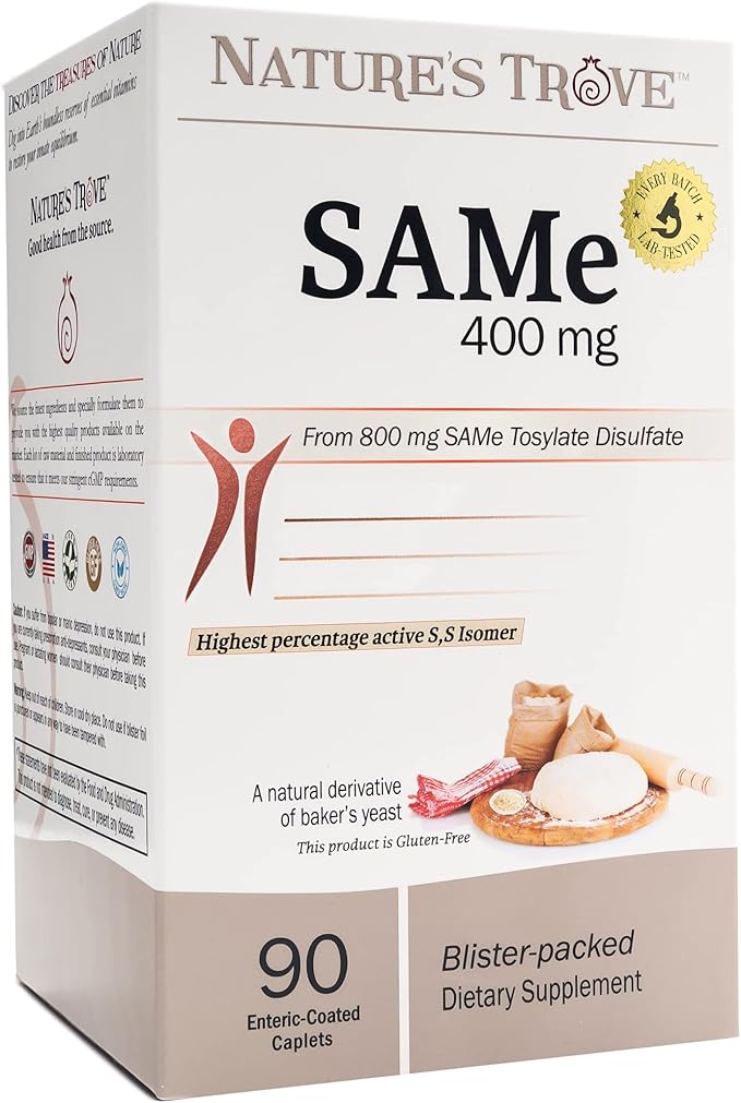 Nature's Trove SAM-e 400mg 90 Enteric Coated Caplets. Vegan Kosher Non-GMO Project Verified Soy Free Gluten Free - Cold Form Blister Packed.