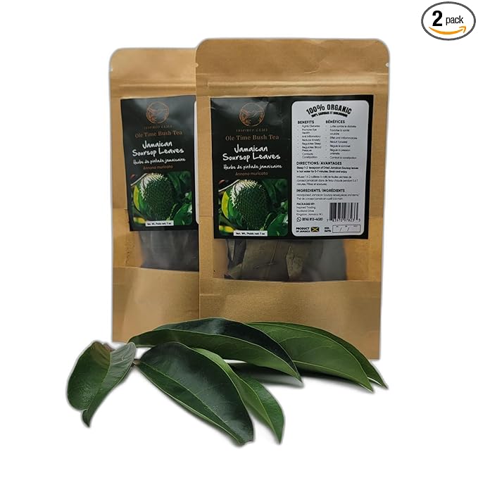 Organic Jamaican Soursop Leaf Tea – 2 Pack (2 x 1oz) – Handpicked Graviola Leaves – Bushtea-Dried Tea Leaves – 100% Natural Dried Soursop from Jamaica – Inspired Gems SoursopLeaves