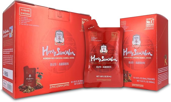 JUNG KWAN JANG HongSamWon Korean Red Ginseng Herbal Drink | Energy Drink Pre Workout Ginseng Supplement Herbal Tea | Korean Red Ginseng Extract Jujube Ginger Cinnamon | Vegan Friendly | 20 Count