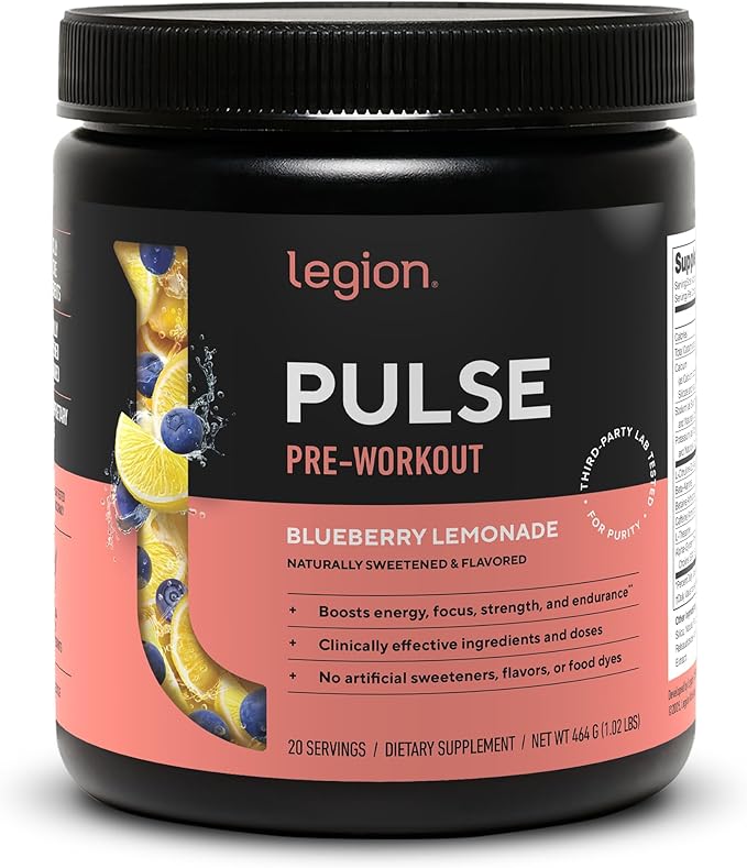 LEGION Pulse Pre Workout - All Natural Nitric Oxide Preworkout Drink to Boost Energy Creatine Free Naturally Sweetened Beta Alanine Citrulline Alpha GPC (Blueberry Lemonade)