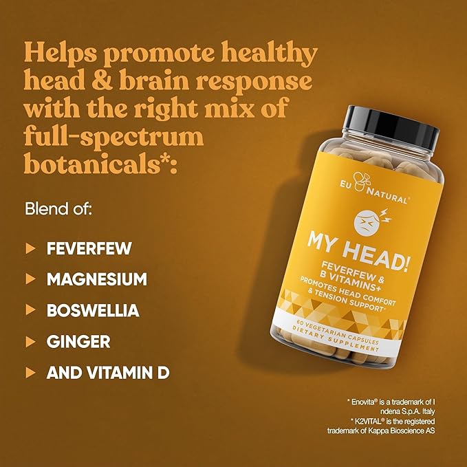 My Head! Headache Vitamins – Sensitivity Tension Comfort Healthy Head Function for A Clear Mind – Fast acting Magnesium Feverfew Boswellia Vitamin D Ginger &amp More – 60 Soft Capsules