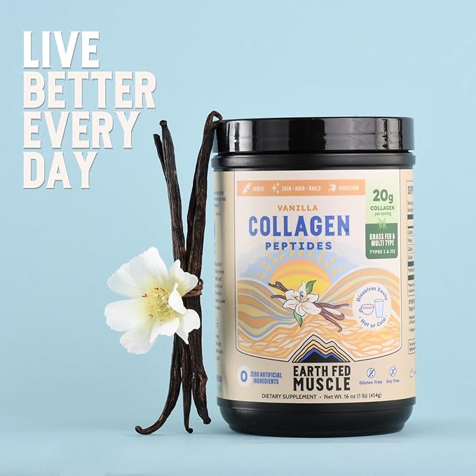 Earth Fed Muscle Grass Fed Collagen Peptides Powder Vanilla - Hydrolyzed Multi Collagen Types I and III for Hair Skin Nails Joints - Keto Paleo Protein Supplement for Women&ampMen (21 Servings Vanil
