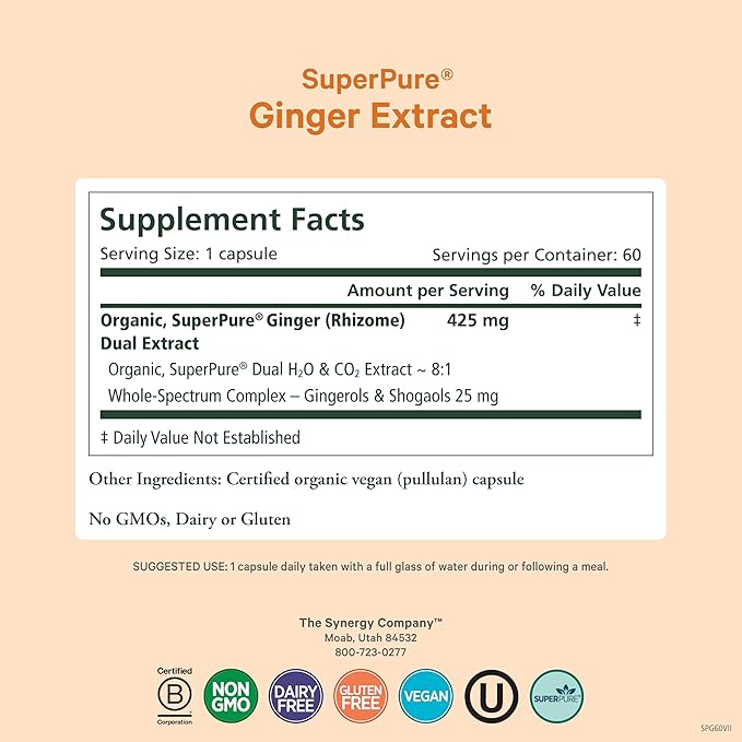 PURE SYNERGY SuperPure Ginger Extract | Organic Ginger Extract Digestive Supplement | for Stomach and Joint Support (60 Capsules)