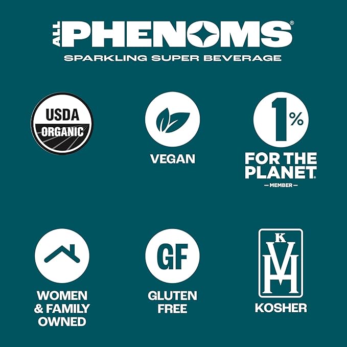 All Phenoms Daily+ Sparkling Organic Prebiotic &amp Probiotic Drink - Adaptogen Mushroom Blend (475mg of Lions Mane Reishi &amp Cordyceps) Vitamin C D3 Zinc - Berry Mint 12 Pack